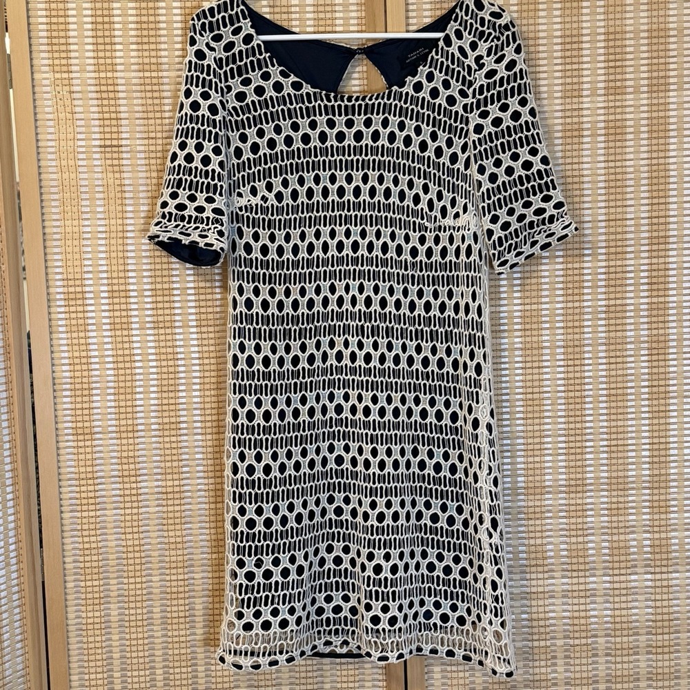 Tahari Womens 6 Dress Navy Crochet Lined Shift Cottagecore Boho Fairycore Office